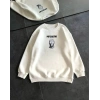 Kadın 3 iplik Kışlık Bisiklet Yaka Baskılı SweatShirt - Beyaz
