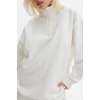 Kadın 3 İplik Pamuklu Oversize Yarım Fermuarlı Yakalı Basic Sweatshirt - Beyaz