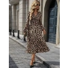 Kadın Uzun Kollu Kruvaze Yaka Belden Oturtmalı Midi Modal Leopar Desenli Elbise