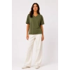 Kadın V Yaka Basic Tişört Kısa Kol Yazlık Regular Fit T-Shirt - Haki