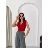 Kadın Vatkalı Kolsuz V Yaka Drapeli Crop Bluz Likralı Fit - Kırmızı