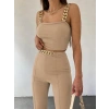 Kadın Zincir Askılı Krop Ithal Krep Bluz Ve Pantolon Ikili Takım