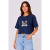 Kedi Baskılı Oversize Crop Tişört Salaş Basic Yarım Kol T-shirt - Lacivert