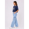 Kedi Baskılı Oversize Crop Tişört Salaş Basic Yarım Kol T-shirt - Lacivert