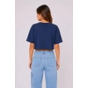 Kedi Baskılı Oversize Crop Tişört Salaş Basic Yarım Kol T-shirt - Lacivert