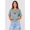Kedi Baskılı Oversize Crop Tişört Salaş Basic Yarım Kol T-shirt - Mint Yeşili