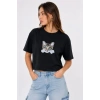 Kedi Baskılı Oversize Crop Tişört Salaş Basic Yarım Kol T-shirt - Siyah