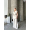 Keten Sıfır Kol Kuşaklı Ceket Pantolon ikili Takım - Beyaz