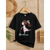 Kız Çocuk Bisiklet Yaka Baskılı T-Shirt - Siyah