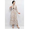 Moda Çizgi Çiçek Desenli  Pileli Elbise Bej