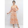 Moda Çizgi Çiçek Desenli  Pileli Elbise Turuncu