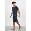 Moda Çizgi Erkek Pamuk Lakost Alt Üst Kaprili Pijama Takım Lacivert 6872