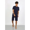 Moda Çizgi Erkek Pamuk Lakost Alt Üst Kaprili Pijama Takım Lacivert 6873