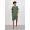 Moda Çizgi Erkek Pamuk Lakost Alt Üst Kaprili Pijama Takım Yeşil 6872