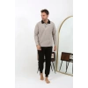 Moda Çizgi Erkek Polo Yaka Uzun Kol Penye Pijama Takımı 6862 Krem