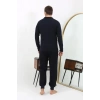 Moda Çizgi Erkek Polo Yaka Uzun Kol Penye Pijama Takımı 6862 Lacivert