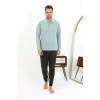 Moda Çizgi Erkek Polo Yaka Uzun Kol Penye Pijama Takımı 6862 Su Yeşili
