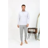 Moda Çizgi Erkek Polo Yaka Uzun Kol Penye Pijama Takımı Gri 6864
