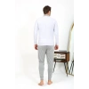 Moda Çizgi Erkek Polo Yaka Uzun Kol Penye Pijama Takımı Gri 6864
