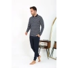 Moda Çizgi Erkek Polo Yaka Uzun Kol Penye Pijama Takımı Lacivert 6864