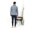 Moda Çizgi Erkek Polo Yaka Uzun Kol Penye Pijama Takımı Lacivert 6865