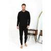 Moda Çizgi Erkek Polo Yaka Uzun Kol Penye Pijama Takımı Siyah 6864