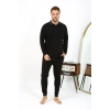 Moda Çizgi Erkek Polo Yaka Uzun Kol Penye Pijama Takımı Siyah 6864