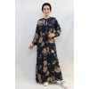 Moda Çizgi Gül Desenli Elbise MC4101 Lacivert
