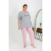 Moda Çizgi Kadın Büyük Beden Kısa Kol Penye Pijama Takımı Gri 202408