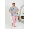 Moda Çizgi Kadın Büyük Beden Kısa Kol Penye Pijama Takımı Gri 202408