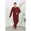 Moda Çizgi Kadın Büyük Beden Uzun Kol Penye Pijama Takımı Bordo 202501