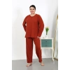 Moda Çizgi Kadın Büyük Beden Uzun Kol Penye Pijama Takımı Kiremit 202501