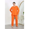 Moda Çizgi Kadın Büyük Beden Uzun Kol Penye Pijama Takımı Turuncu 202501
