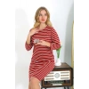 Moda Çizgi Pamuk Ev Elbisesi Tunik Gecelik Kırmızı 13132