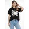 Örümcek Baskılı Tişört Kısa Kollu Bisiklet Yaka T-Shirt - Siyah