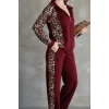 Osy Modal Yumuşak Dokulu Kumaş Kapüşonlu Leopar Desenli Fermuarlı Takım - Bordo