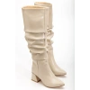 SYT-2002 Bej Kırışık Rugan Körüklü Kalın Topuklu Günlük Bayan Çizme