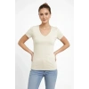 T-Shirt V Yaka Slim Fit Likralı Tişört Günlük Basic Body - Taş