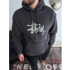 Üç İplik Kapşonlu Baskılı SweatShirt - Füme