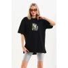 Unisex Baskılı Oversize T-Shirt - Siyah