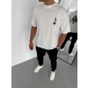 Unisex Bisiklet Yaka Baskılı Oversize T-Shirt - Beyaz