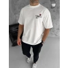 Unisex Bisiklet Yaka Baskılı Oversize T-Shirt - Beyaz