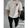 Unisex Bisiklet Yaka Baskılı Oversize T-Shirt - Beyaz