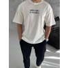 Unisex Bisiklet Yaka Baskılı Oversize T-Shirt - Beyaz