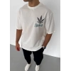 Unisex Bisiklet Yaka Baskılı Oversize T-Shirt - Beyaz