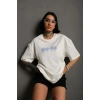 Unisex Bisiklet Yaka Baskılı Oversize T-Shirt - Beyaz