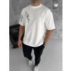 Unisex Bisiklet Yaka Baskılı Oversize T-Shirt - Beyaz