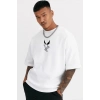 Unisex Bisiklet Yaka Baskılı Oversize T-Shirt - Beyaz