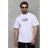 Unisex Bisiklet Yaka Baskılı Oversize T-Shirt - Beyaz