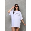 Unisex Bisiklet Yaka Baskılı Oversize T-Shirt - Beyaz